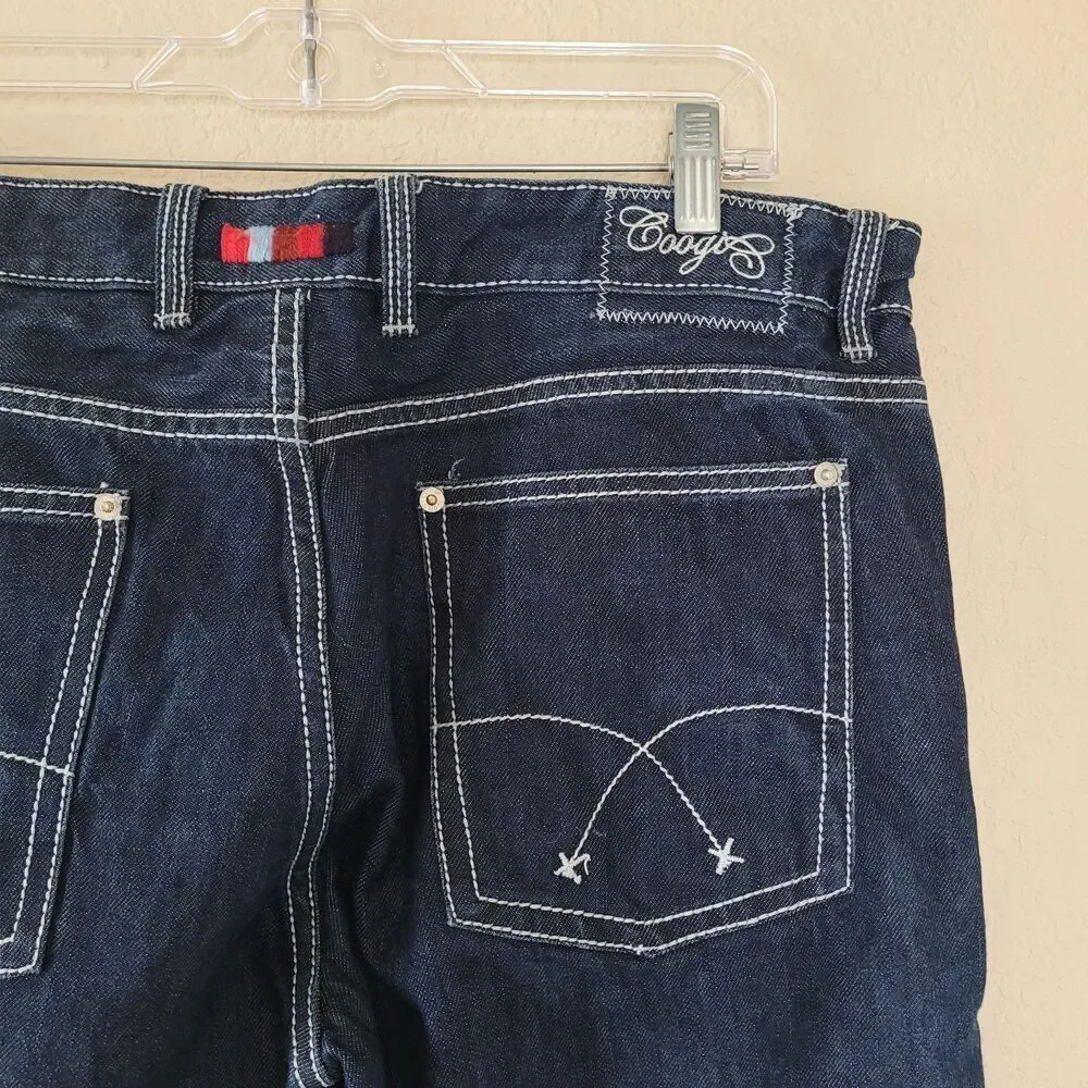 COOGI Jeans Straight Mens 36x34 Embroidered Pockets Denim Dark Blue Loose Baggy